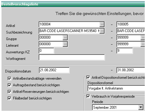 Programmausschnitt Bestellwesen